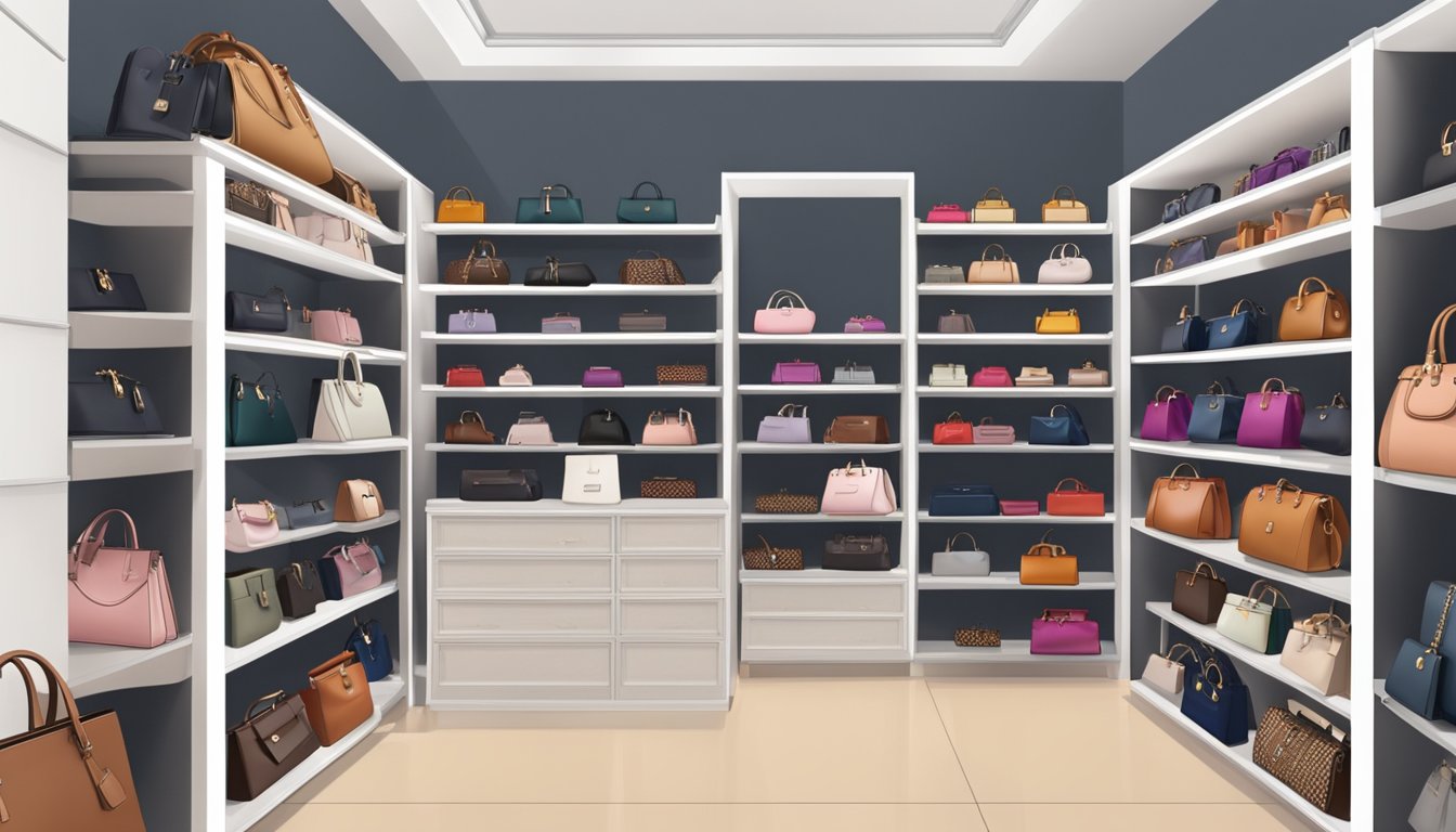 A display of handbag brands arranged on shelves in a boutique. Various styles, sizes, and colors are showcased, with logos and labels clearly visible
