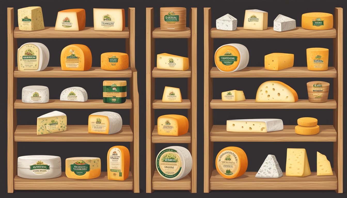 Various cheese brands displayed on wooden shelves with labels and packaging
