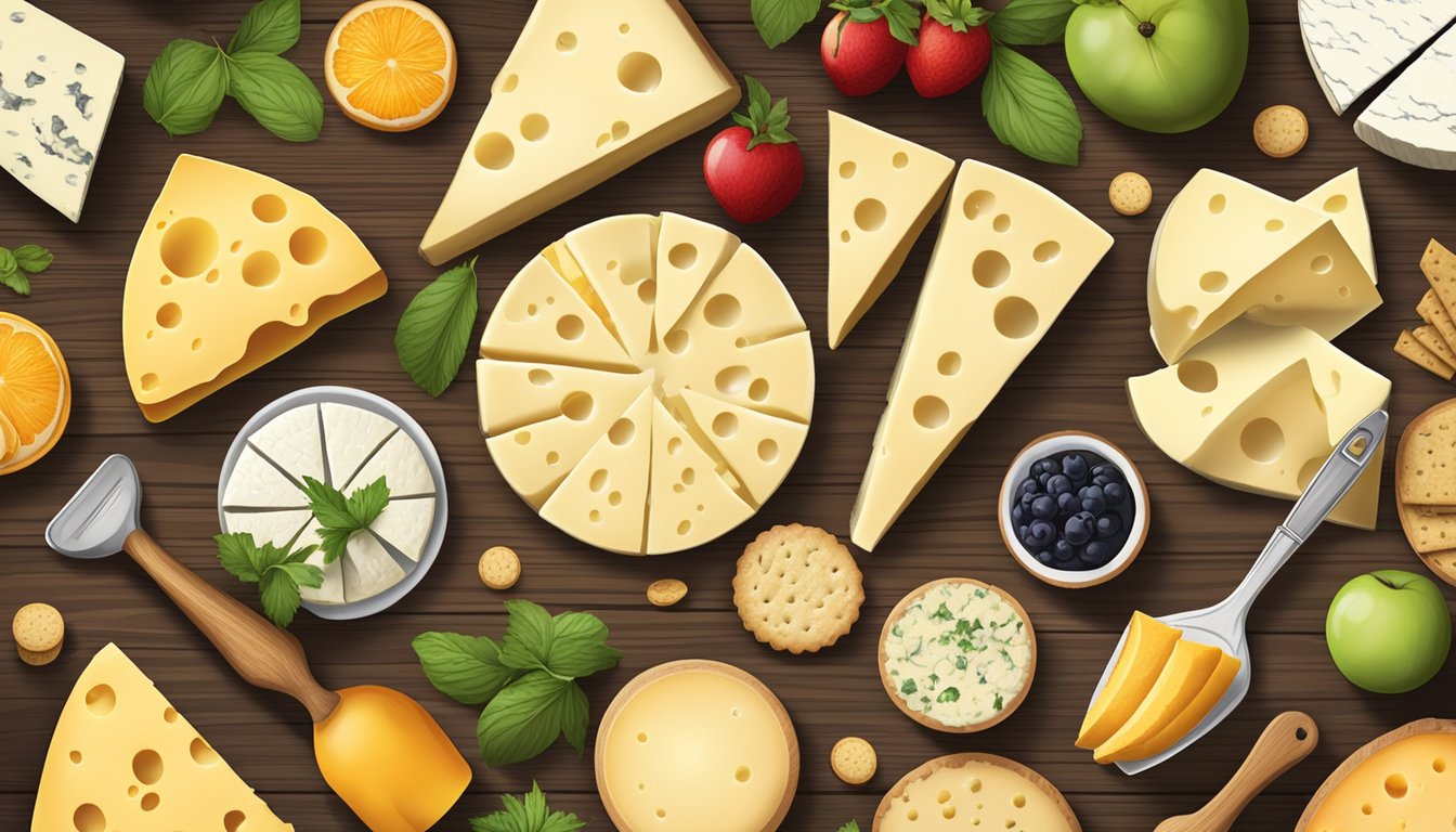 A variety of artisanal and independent cheese brands displayed on a rustic wooden table, accompanied by fresh fruits and a selection of crackers