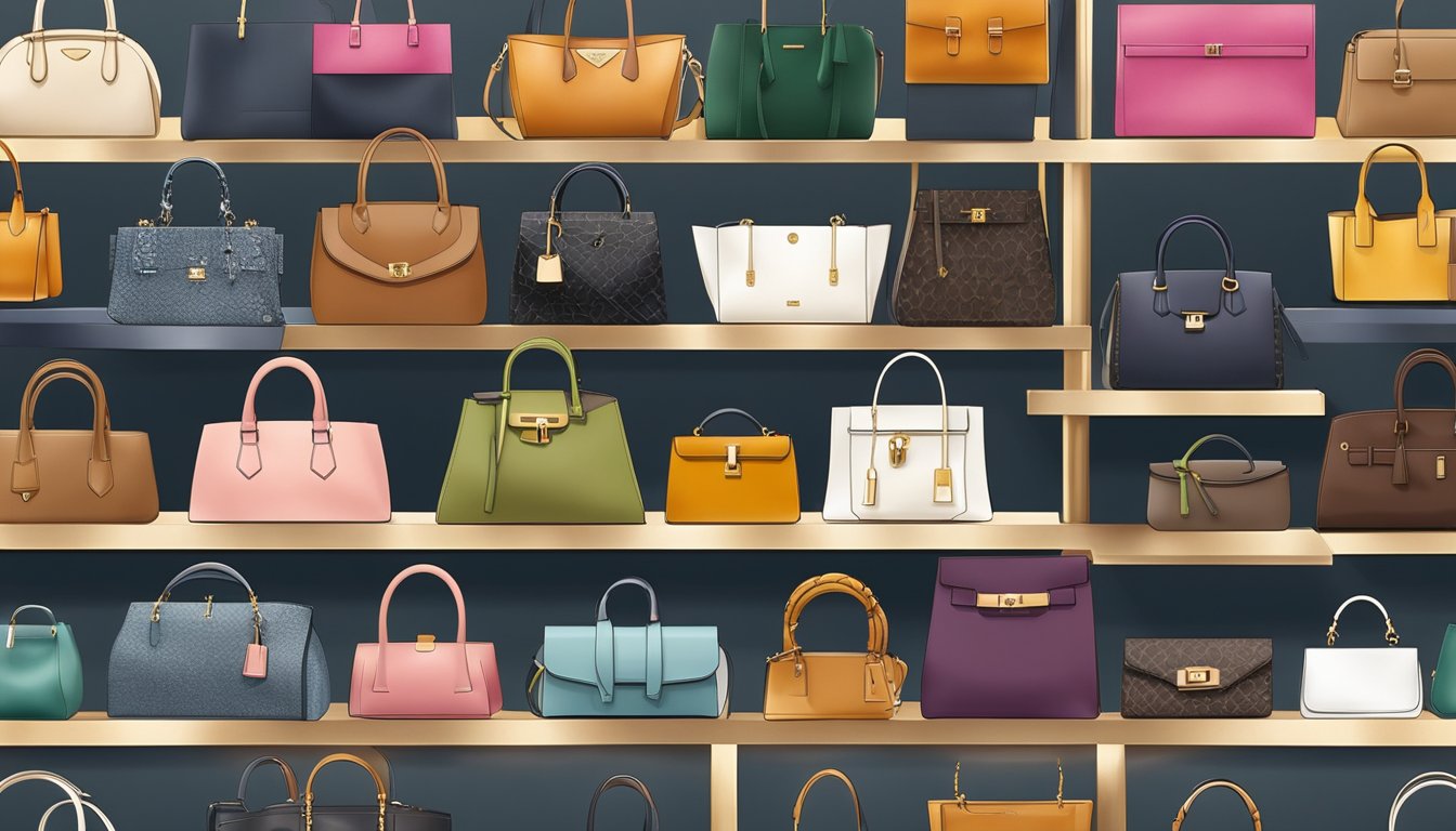 A display of iconic designer handbags arranged on a sleek, minimalist shelf in a high-end boutique. The bags are meticulously crafted with luxurious materials and feature recognizable brand logos