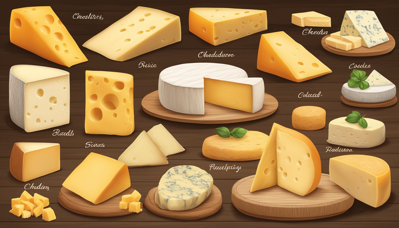 A display of popular cheese varieties, including cheddar, brie, and gouda, arranged on a wooden board with labels