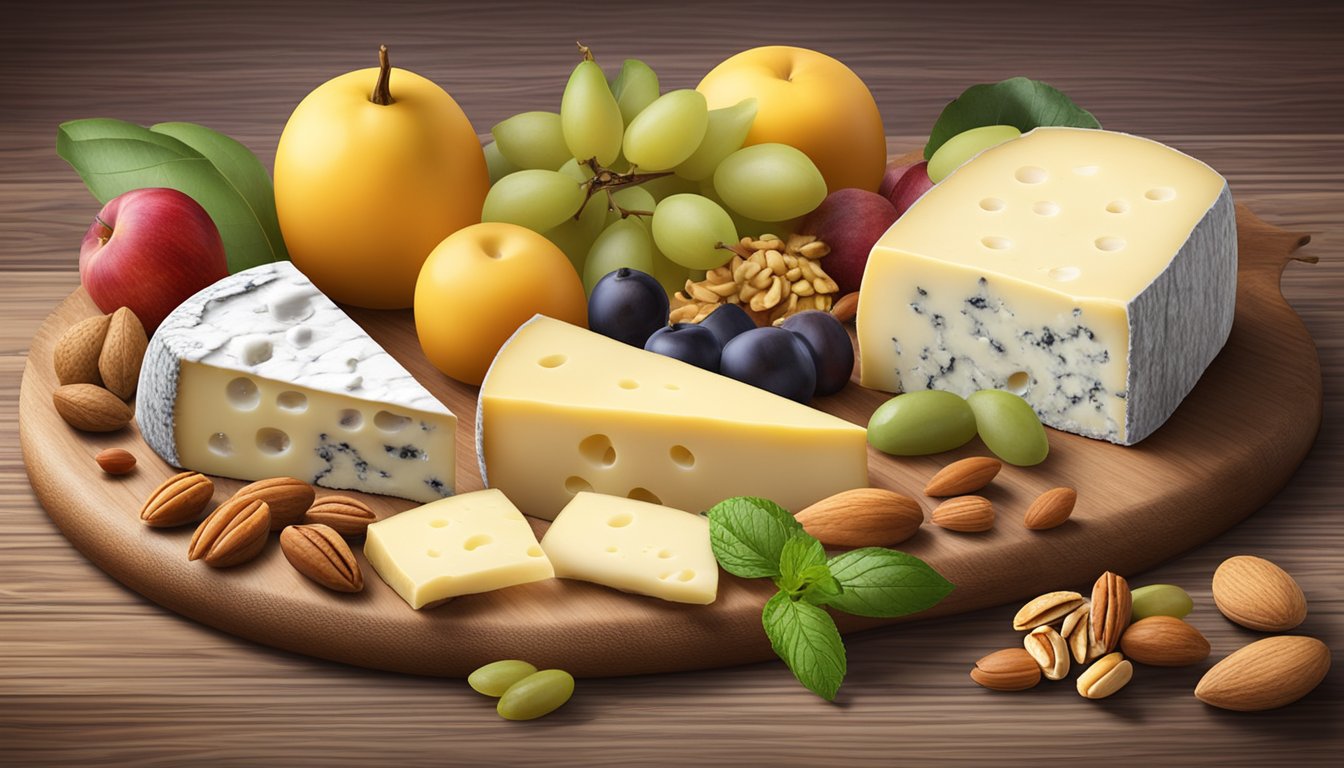 A variety of cheeses from Culinary Delights brands arranged on a rustic wooden board with fresh fruits and nuts