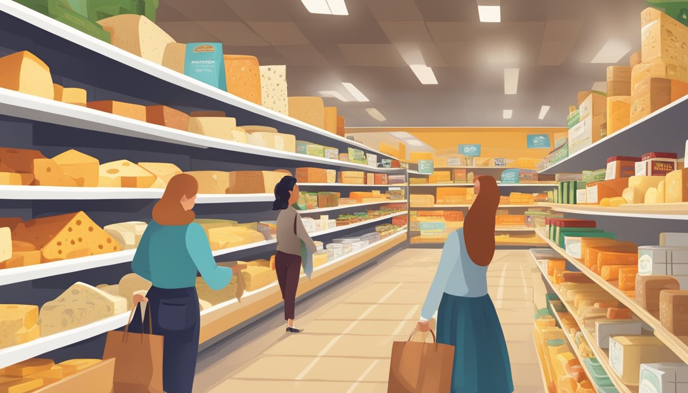 Customers browsing various cheese brands in a well-lit grocery store aisle. Shelves are neatly organized with different types of cheese displayed