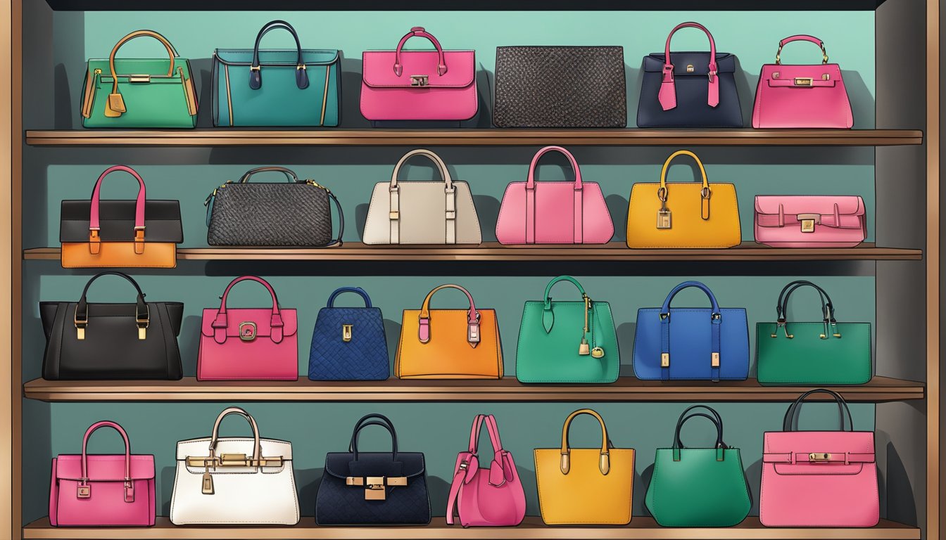 Various handbag designs displayed on shelves, showcasing different brands and styles. Colors and textures vary, from sleek leather to vibrant prints