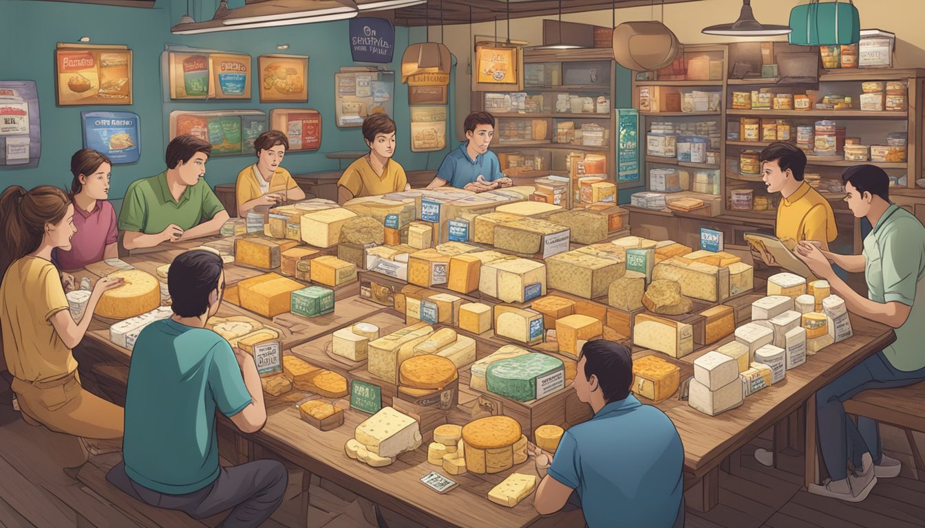 A table covered with various cheese brands' packaging, surrounded by curious customers reading the Frequently Asked Questions section
