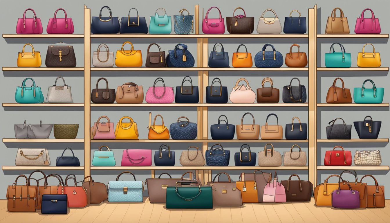 A display of various handbag brands, each with unique designs and styles, arranged neatly on shelves or racks, with tags indicating their names and prices