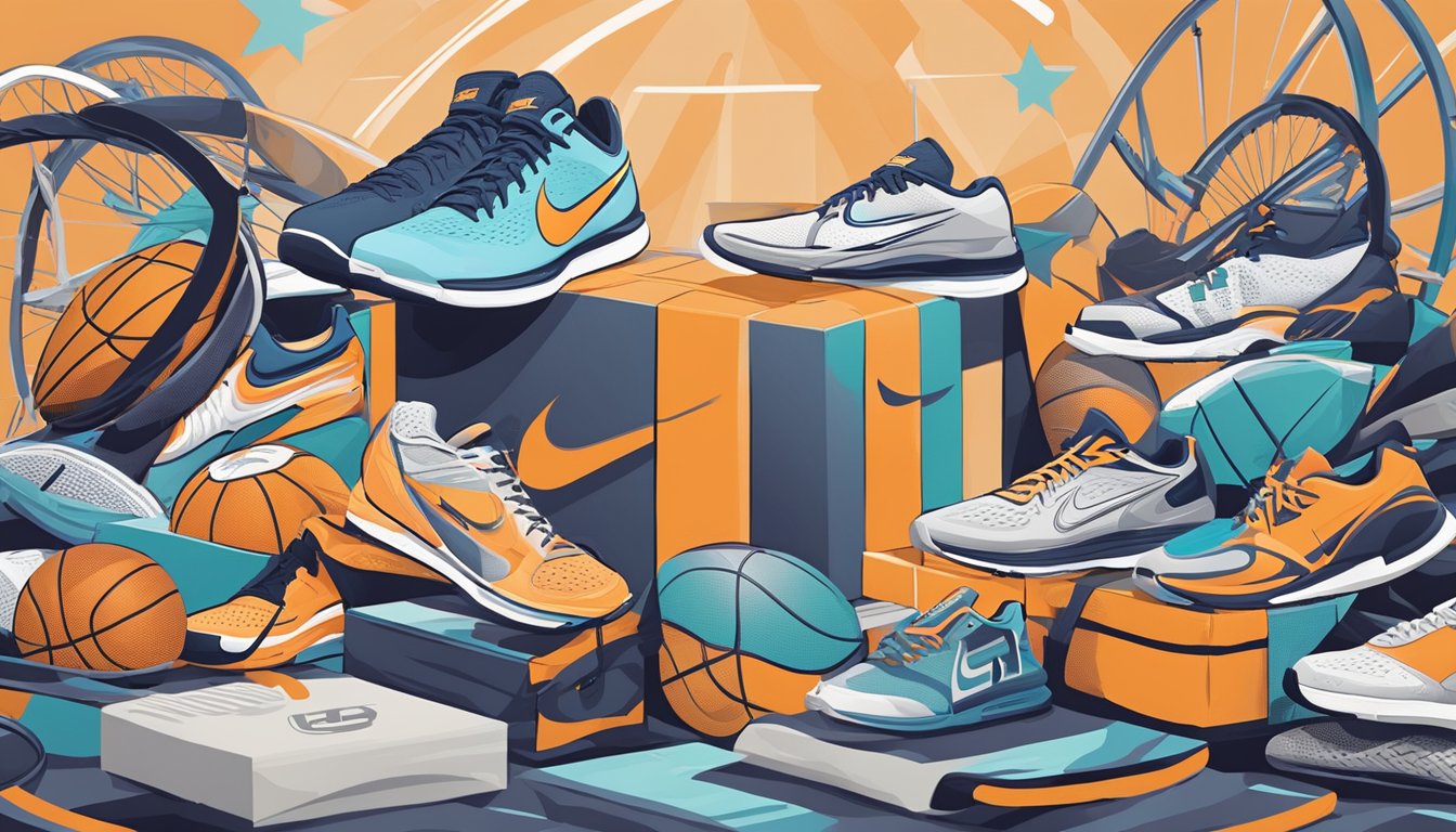 A swoosh logo atop a shoebox, surrounded by sports equipment and a bold "Just Do It" slogan