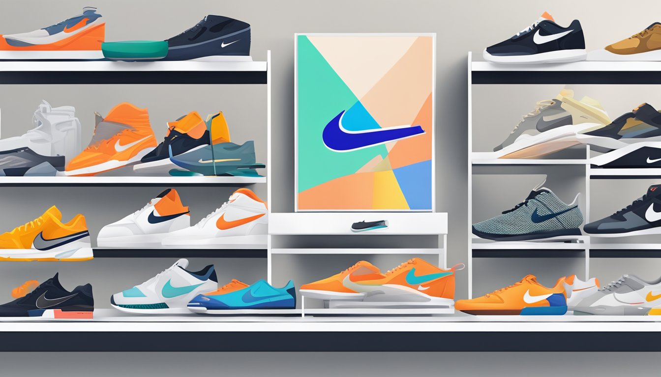 A sleek pair of Nike sneakers sits atop a modern, minimalist display shelf, surrounded by other iconic Nike products and designs