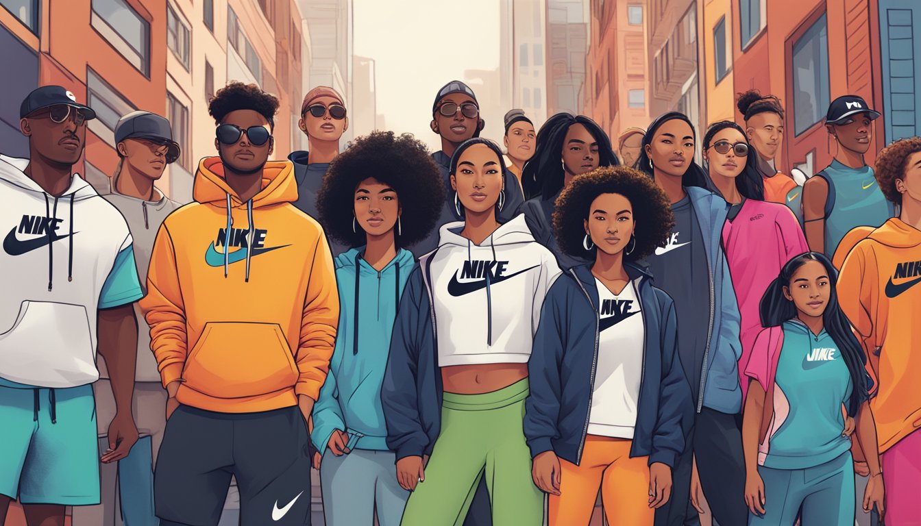 A diverse group of people wearing Nike apparel gather in a vibrant urban setting, showcasing the brand's cultural impact and strong community presence