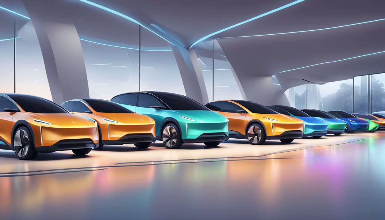 A row of sleek Chinese electric cars parked in a futuristic showroom. Bright lights illuminate the vehicles, showcasing their cutting-edge design