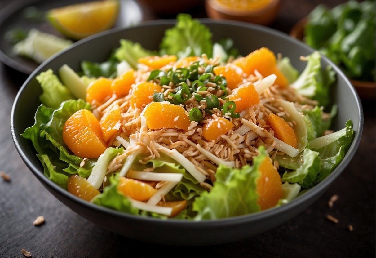A colorful bowl filled with shredded chicken, crunchy romaine lettuce, mandarin oranges, crispy wonton strips, and a tangy sesame dressing