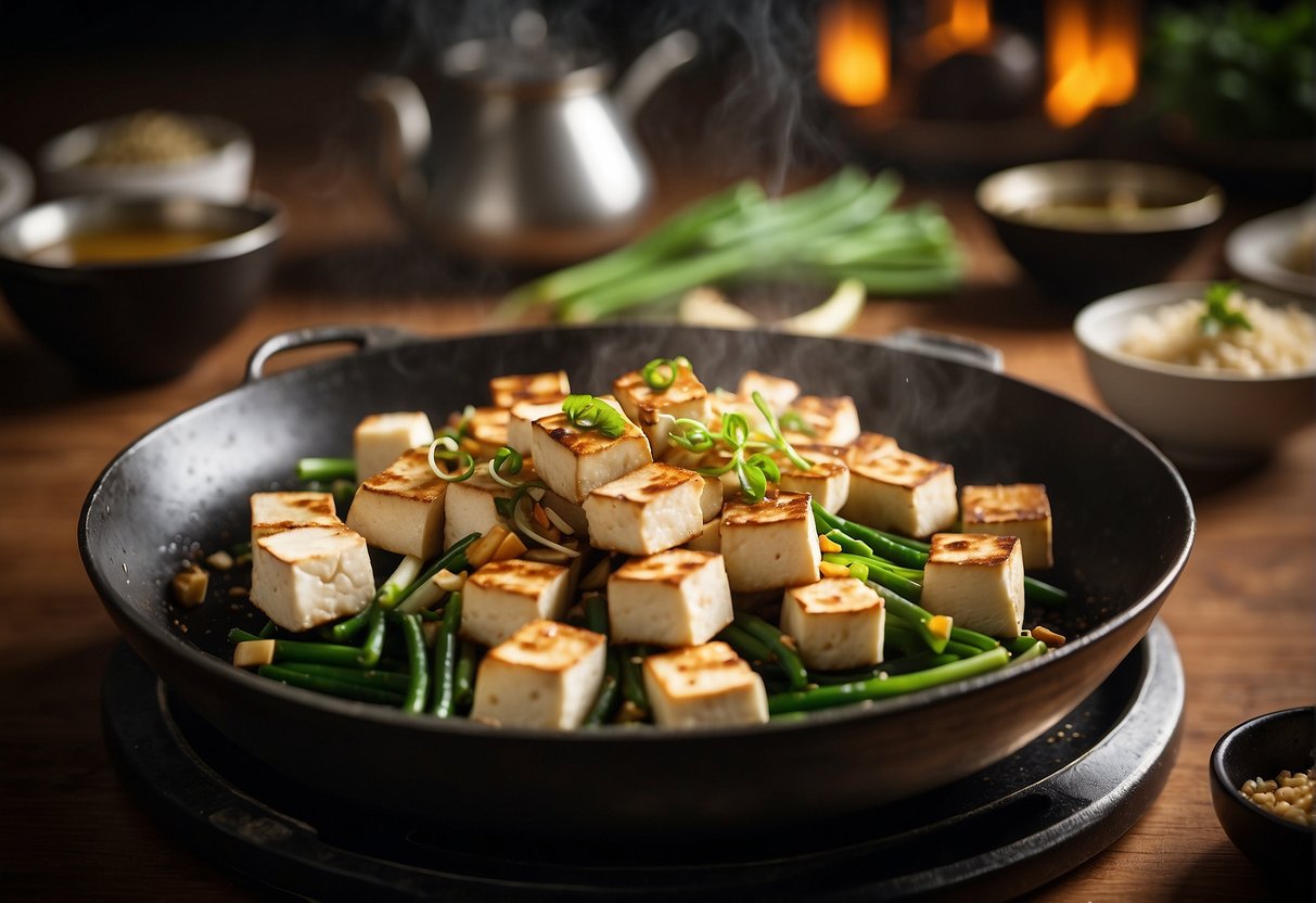 A table filled with various ingredients like tofu, soy sauce, ginger, and green onions. A wok sizzling with tofu stir-frying in a flavorful sauce