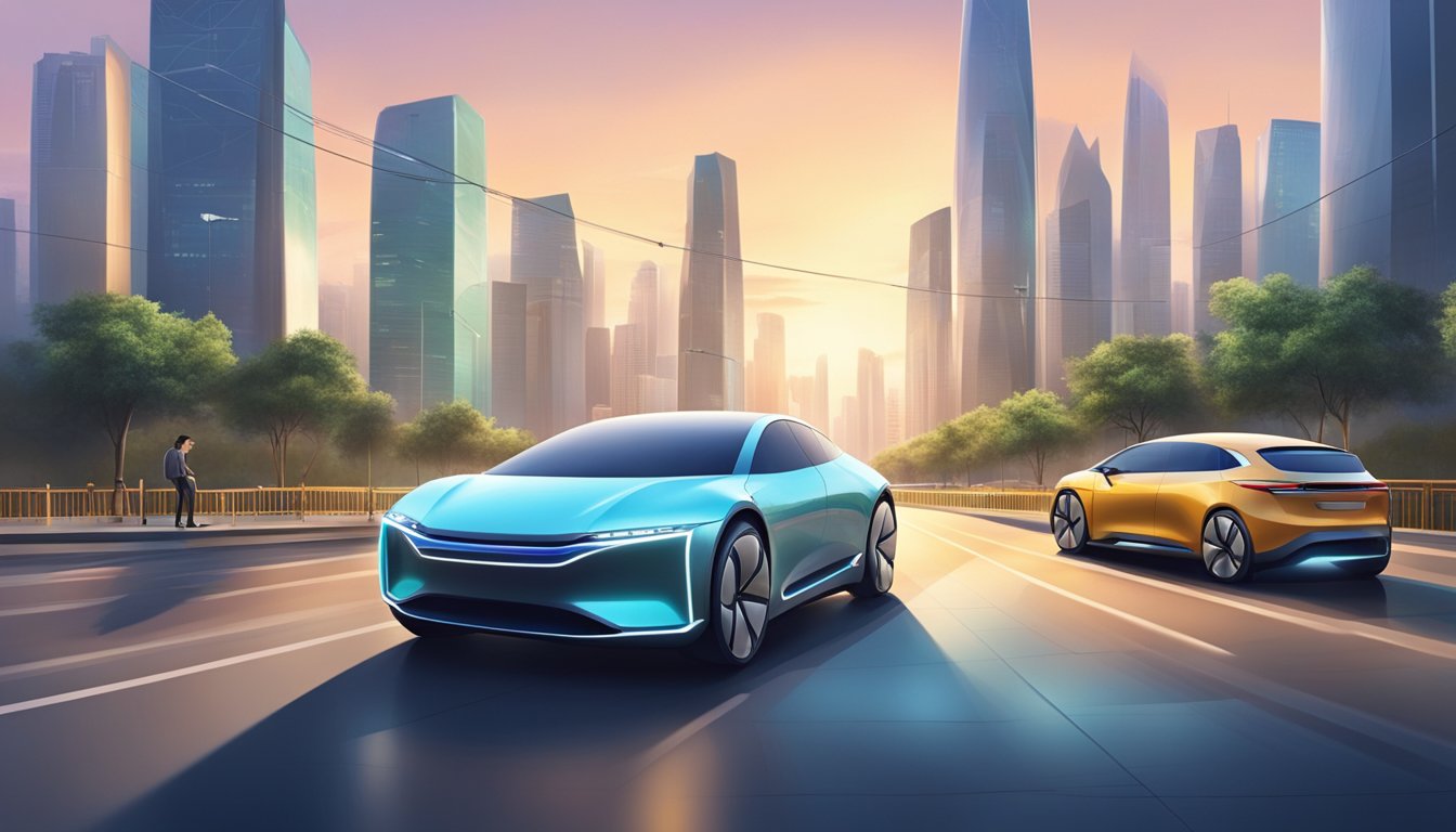 Chinese electric car brands emerging on a global scale, with sleek, futuristic vehicles dominating the streets. The city skyline in the background showcases a modern, progressive society