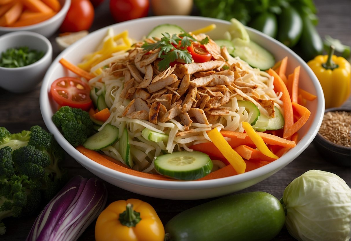 A colorful array of fresh vegetables, including shredded cabbage, carrots, and bell peppers, are mixed with grilled chicken and topped with crunchy wonton strips, all tossed in a tangy and flavorful dressing