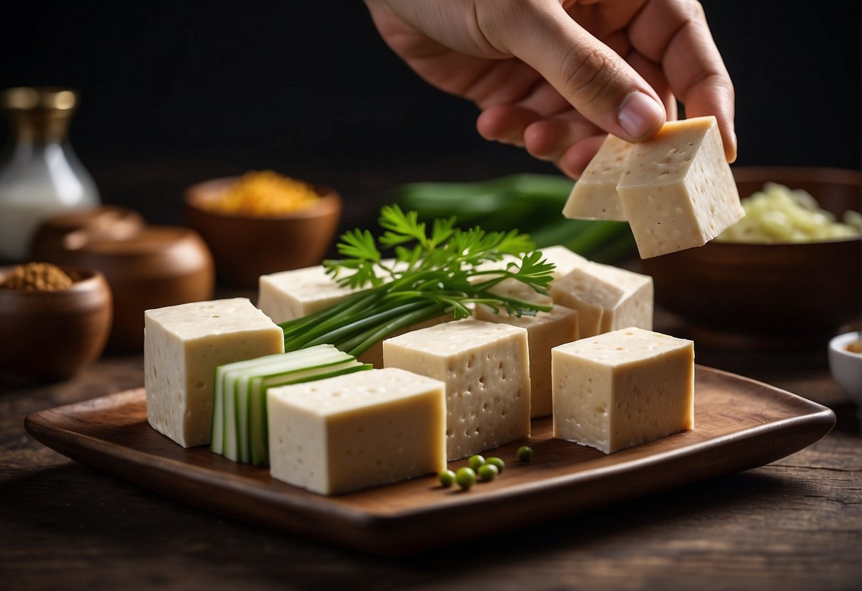 A person is holding a block of tofu in one hand and selecting from various Chinese ingredients with the other. The ingredients include soy sauce, ginger, garlic, and green onions