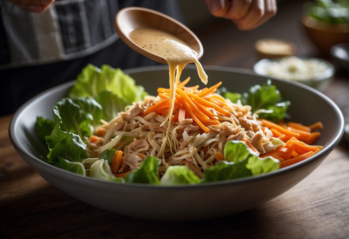 A chef mixes shredded chicken, lettuce, carrots, and almonds in a bowl, adding a tangy dressing