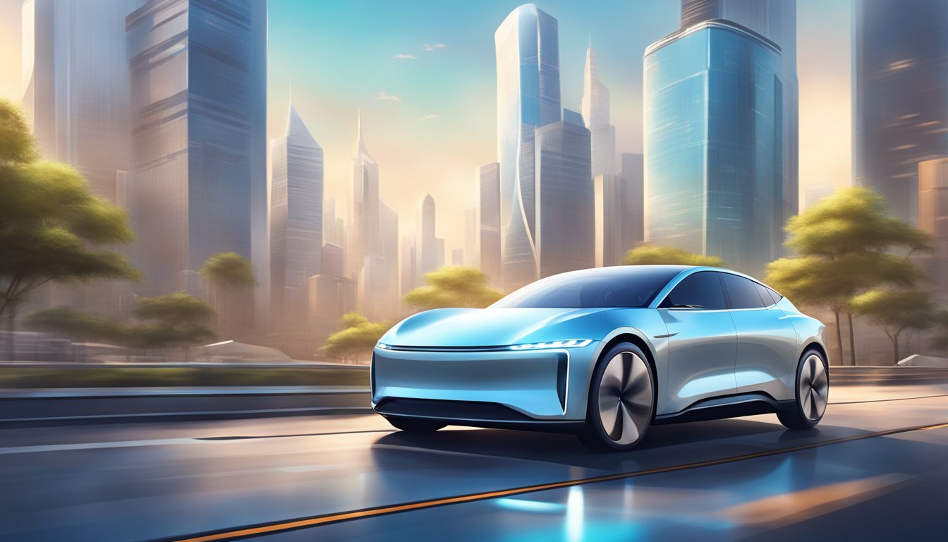 A sleek electric car zooms past a futuristic city skyline, showcasing the latest innovations in Chinese electric vehicle technology