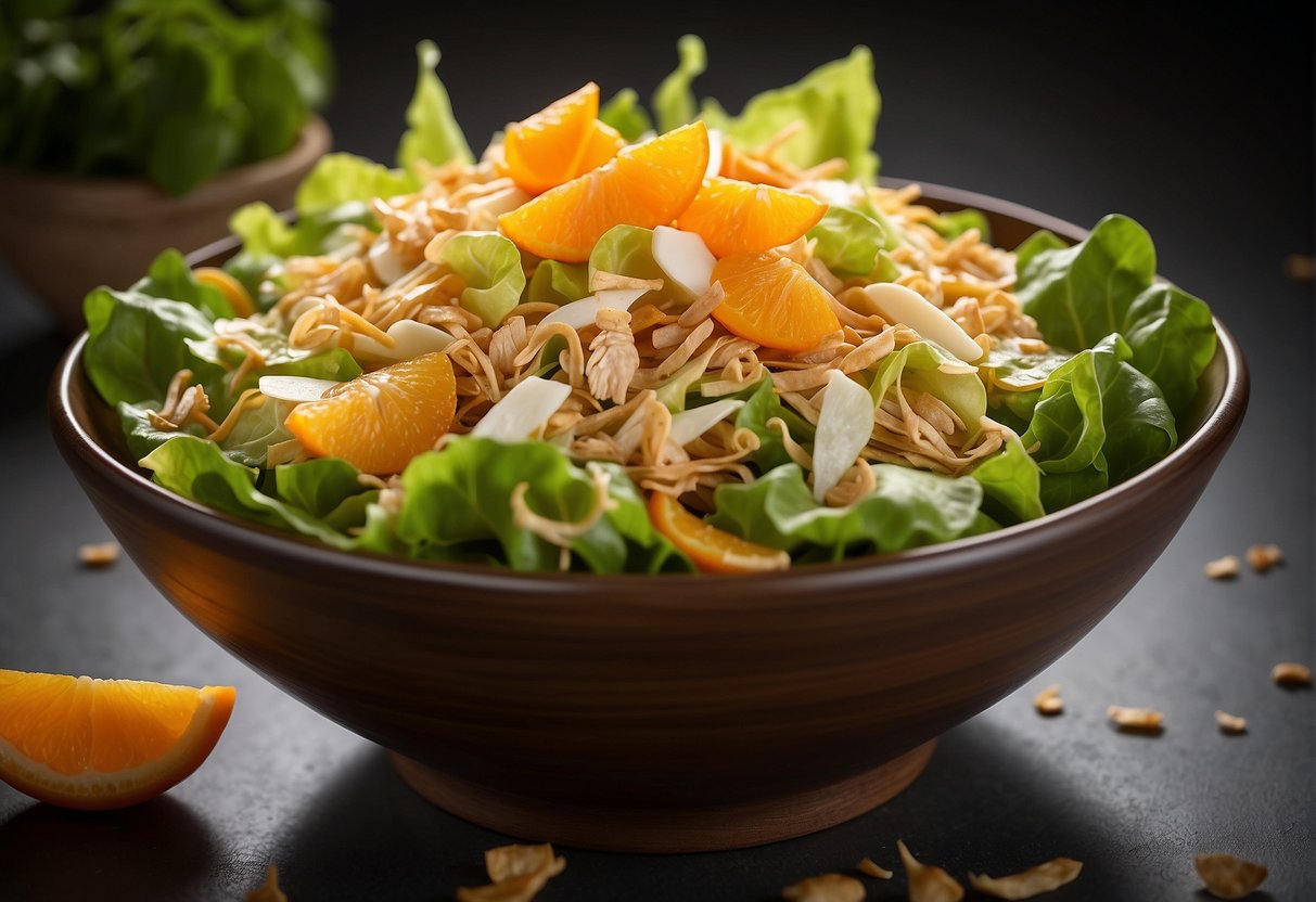 Fresh lettuce, shredded chicken, mandarin oranges, and crunchy wonton strips are arranged in a large bowl. A tangy sesame dressing is drizzled over the top