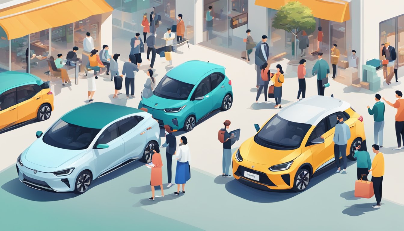 A group of people in a bustling city, surrounded by various Chinese electric car brands, reading and discussing frequently asked questions about the vehicles