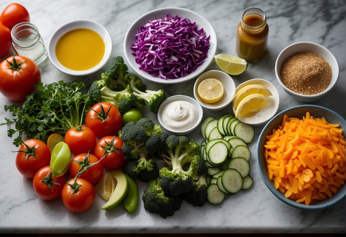 Fresh ingredients laid out on a clean kitchen counter, with a vibrant mix of colorful vegetables, sliced chicken, and a variety of condiments and spices ready to be mixed together for the perfect California Chinese chicken salad dressing