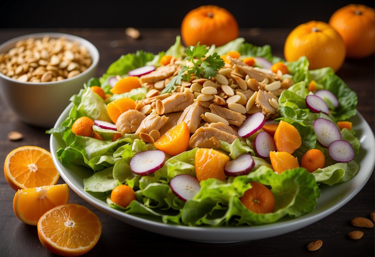 A colorful bowl of California Chinese chicken salad surrounded by fresh ingredients like lettuce, mandarin oranges, almonds, and crispy wonton strips