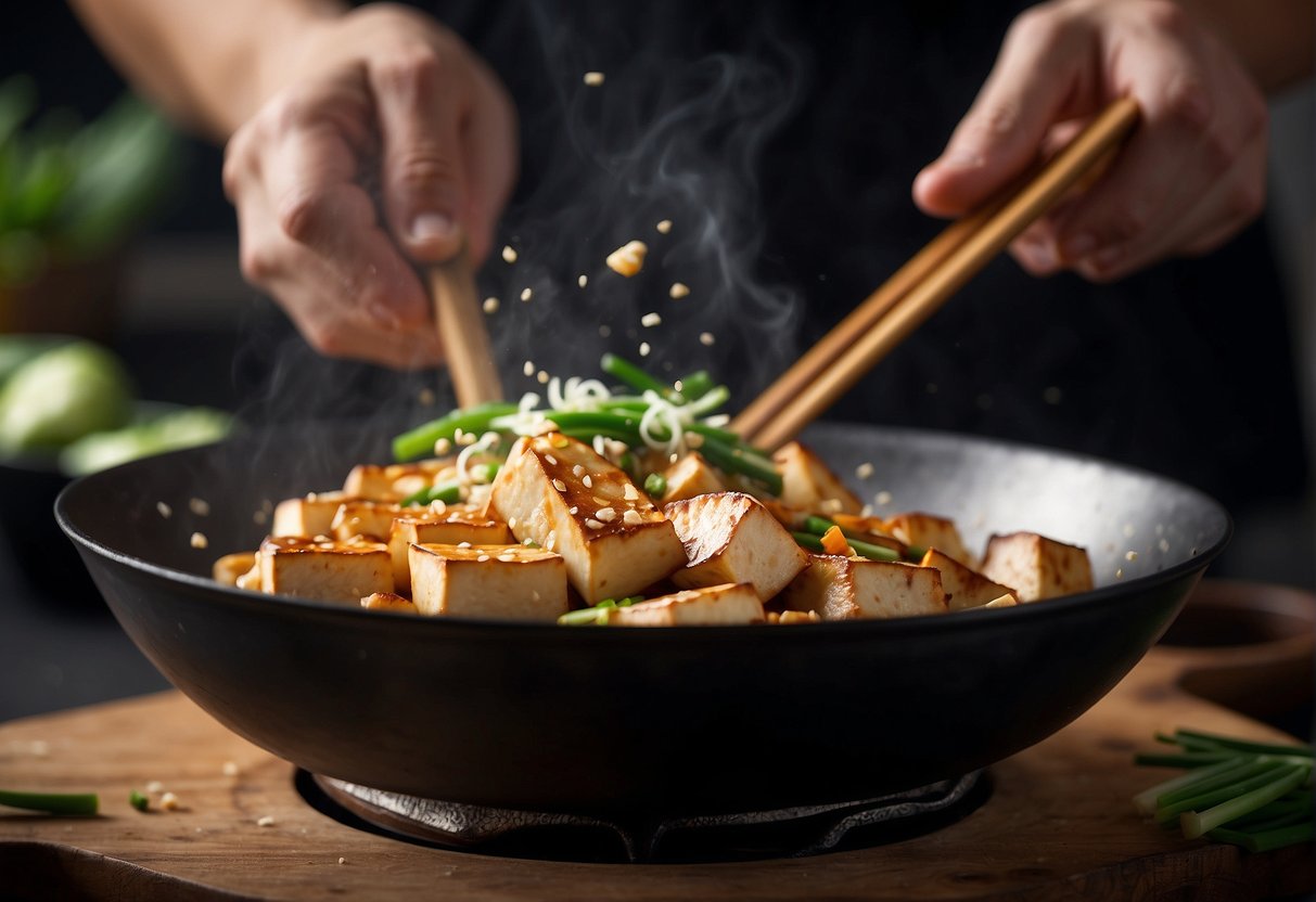 A wok sizzles as tofu is stir-fried with ginger, garlic, and soy sauce. A chef adds a splash of rice vinegar and sprinkles of green onions