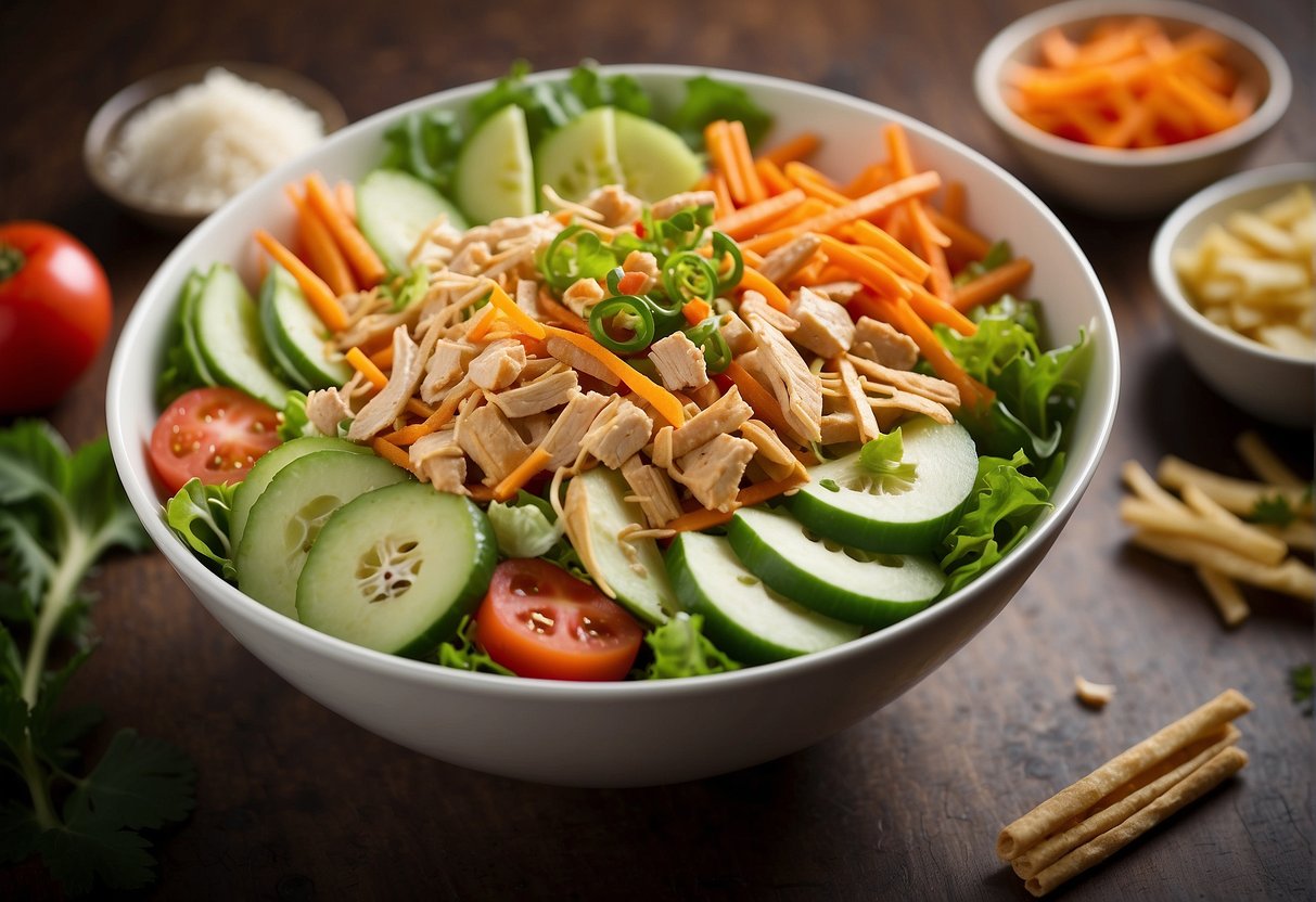 A colorful bowl of California Chinese chicken salad surrounded by fresh vegetables and topped with crunchy wonton strips