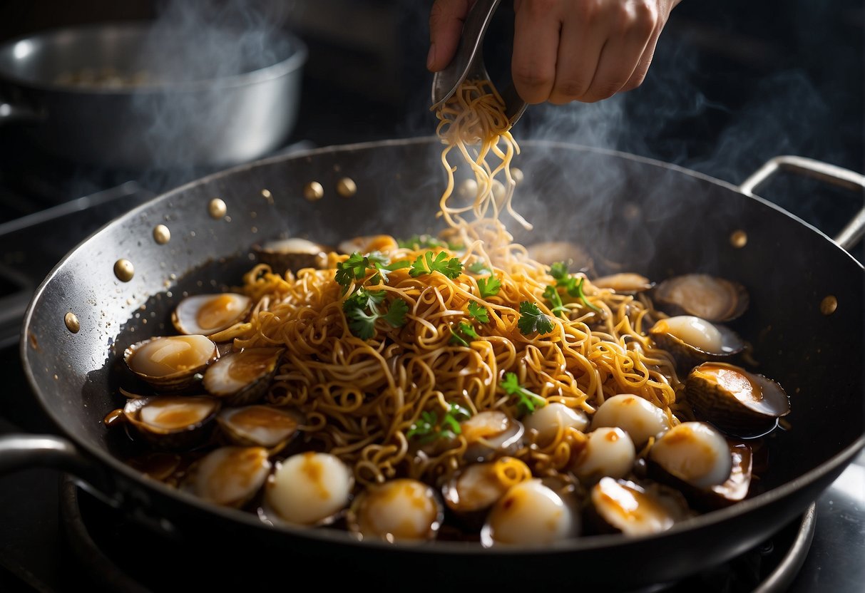 A chef stir-fries canned abalone with ginger, garlic, and soy sauce in a sizzling wok, creating a savory aroma