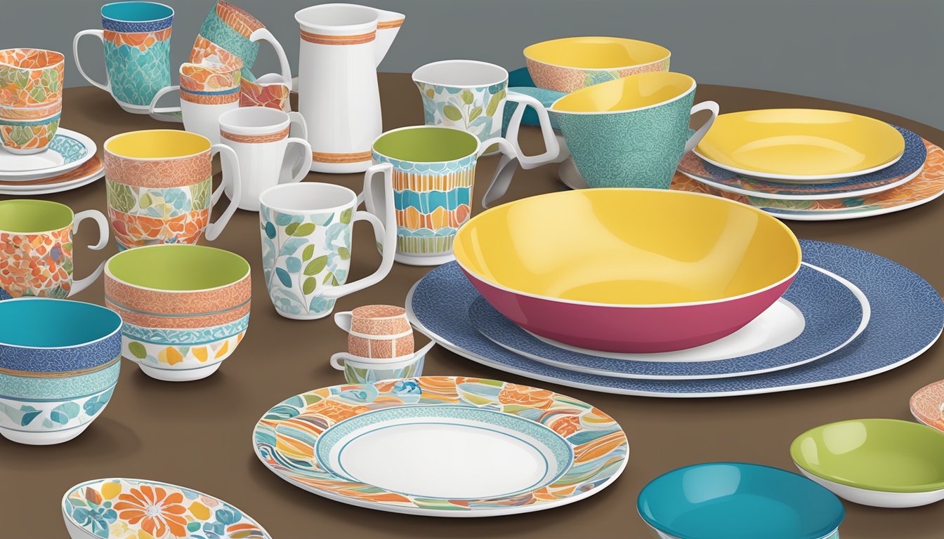 A table set with Corelle dinnerware, featuring colorful patterns and durable materials