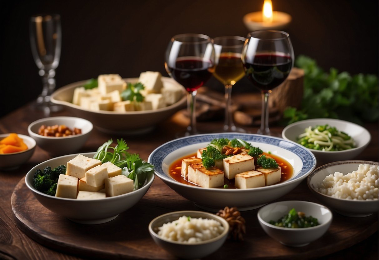 A table set with various Chinese tofu dishes and accompanying wine pairings