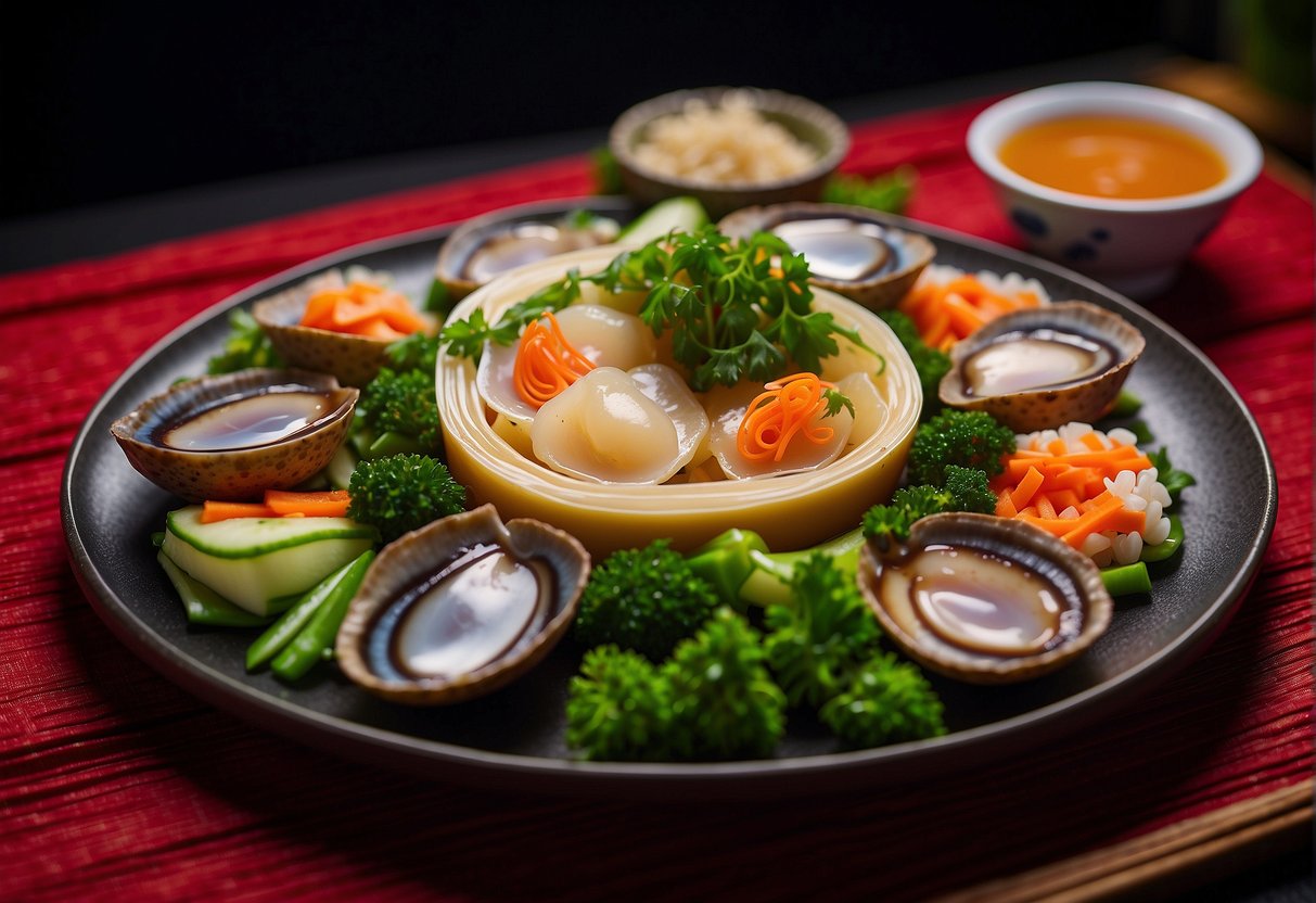 A dish of canned abalone is elegantly arranged on a Chinese-style platter, surrounded by vibrant vegetables and garnished with delicate herbs