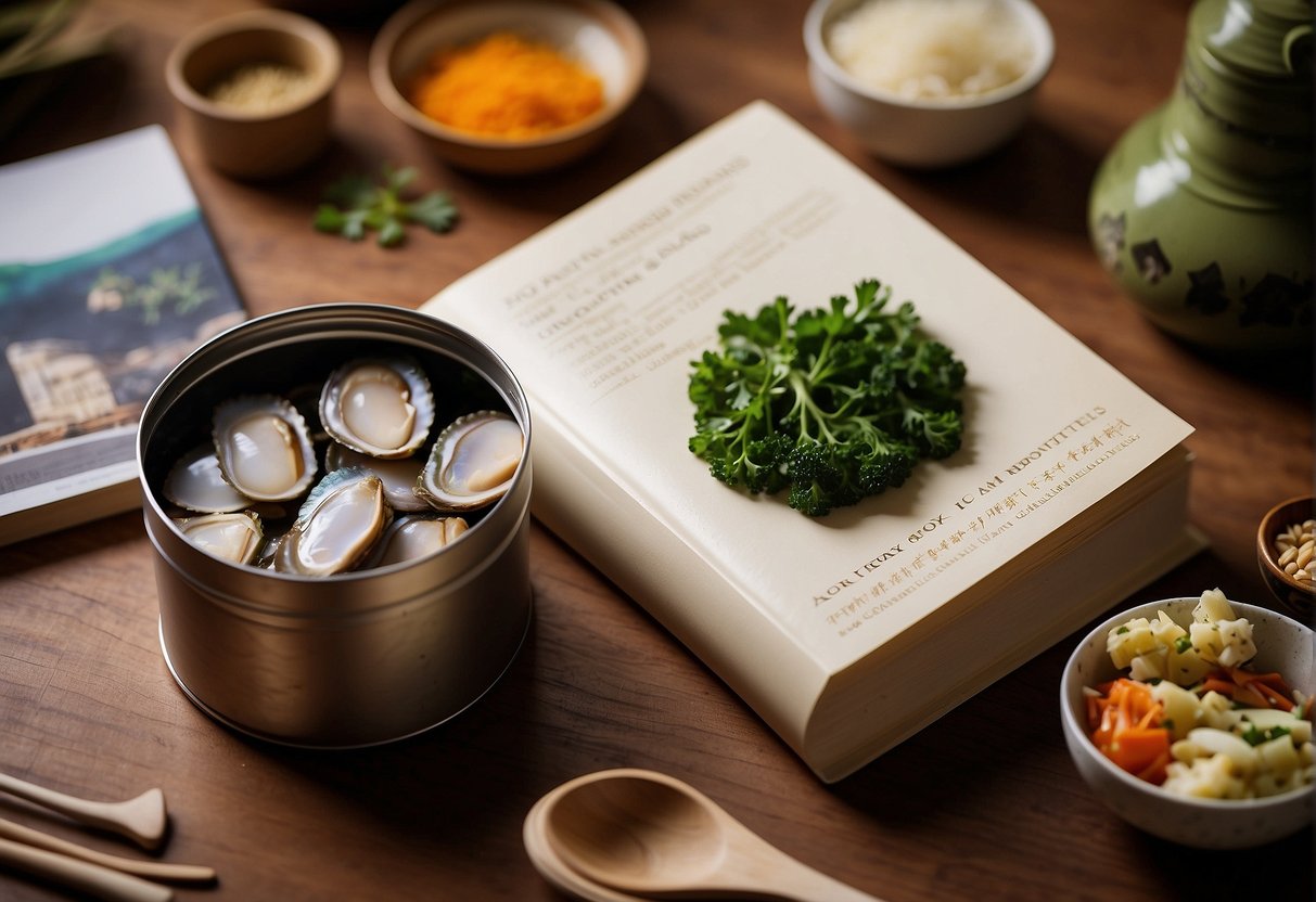 A can of abalone surrounded by Chinese ingredients and cooking utensils, with a recipe book open to a page titled "Frequently Asked Questions: Abalone Recipes."