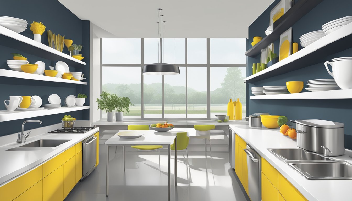 A modern kitchen with sleek, minimalist Corelle dinnerware displayed on open shelves. Clean lines and vibrant colors evoke a sense of practical elegance