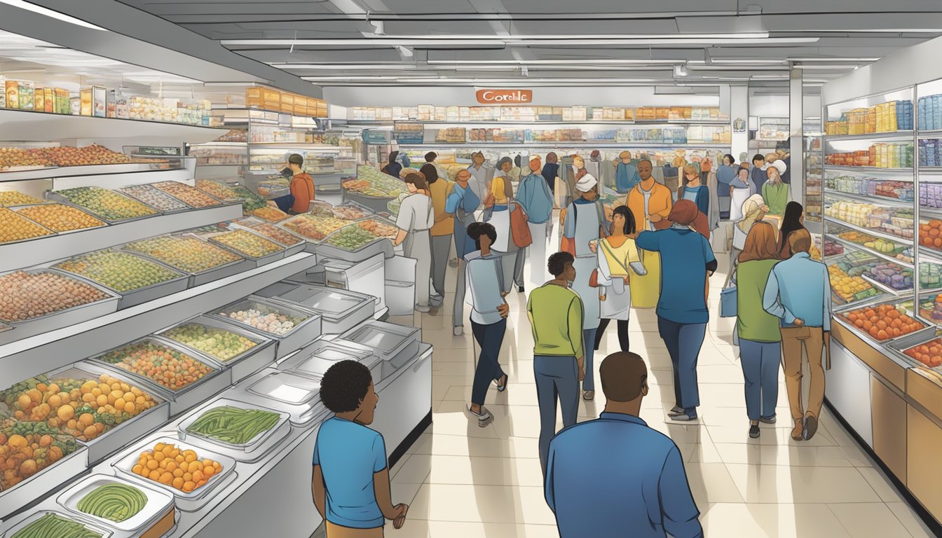 A bustling market with Corelle brand products prominently displayed, surrounded by eager shoppers. Bright, modern packaging and a sense of quality and durability convey a promising future outlook