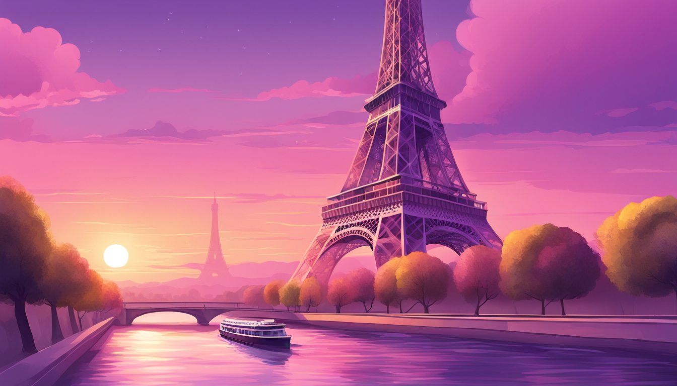 The Eiffel Tower stands tall against a pink and purple sunset, with the Seine river flowing gently below