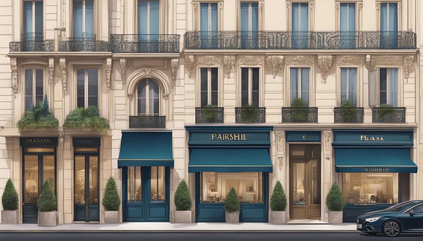 The iconic Parisian fashion houses stand tall, exuding elegance and luxury with their grand facades and ornate signage