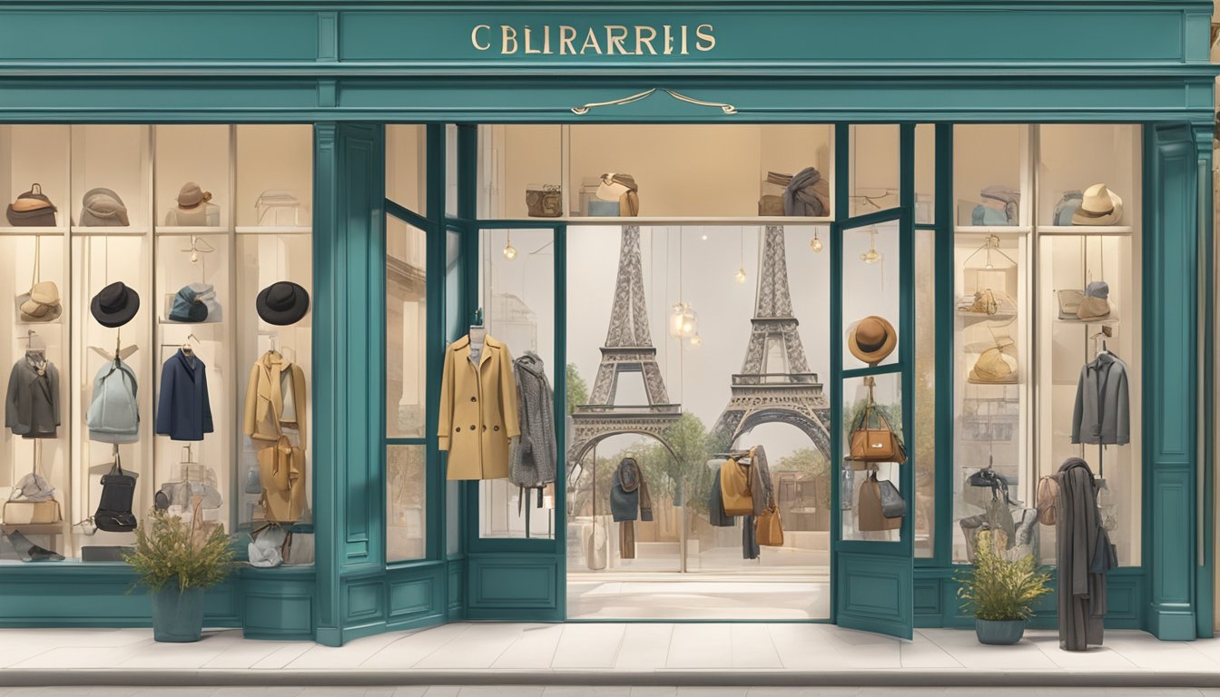 A Parisian accessories brand display: Eiffel Tower keychains, berets, and chic scarves in a charming boutique window