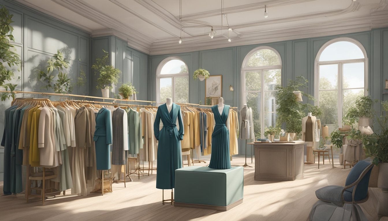 A Parisian atelier filled with natural light, showcasing sustainable fashion and craftsmanship. Mannequins adorned with eco-friendly garments and handcrafted accessories