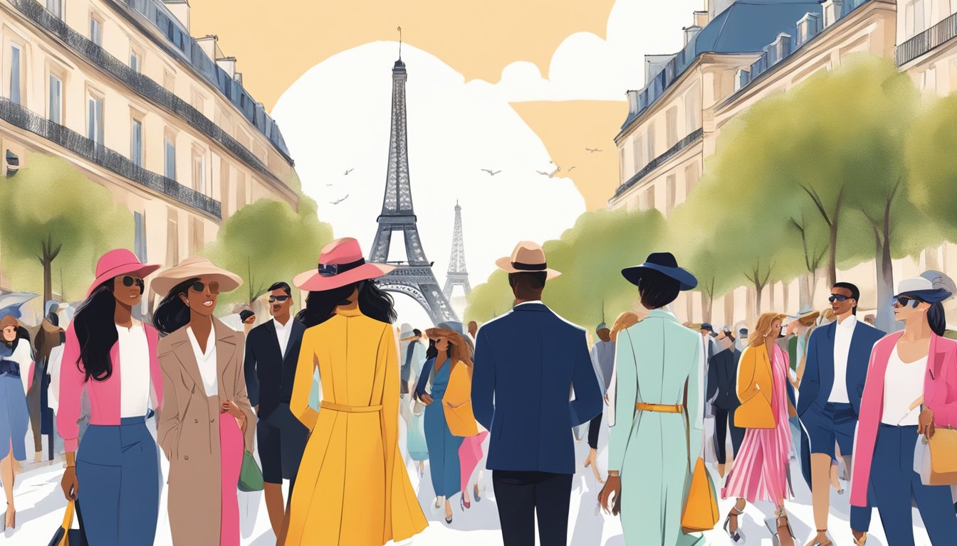 Vibrant Parisian fashion showcased in a global setting, with iconic landmarks in the background and a diverse group of people admiring the stylish clothing