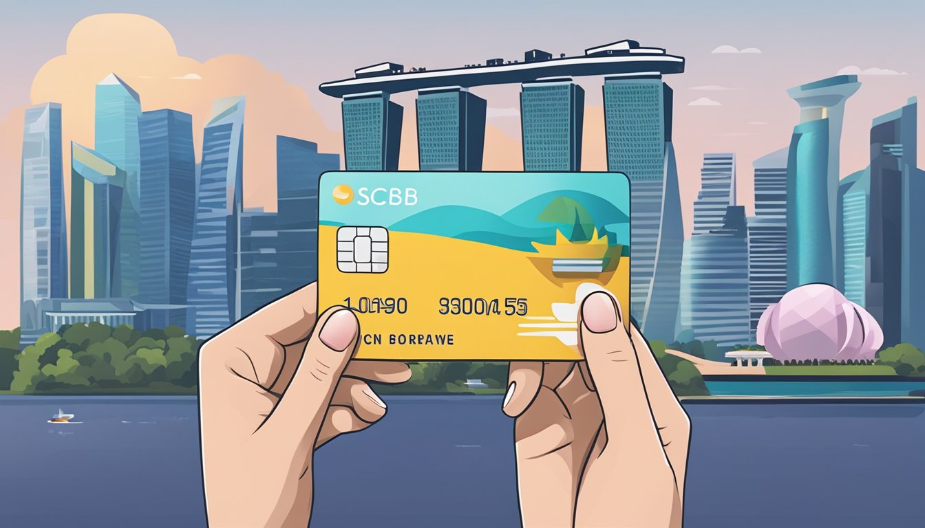 A hand holding a POSB Everyday Credit Card, with iconic Singapore landmarks in the background