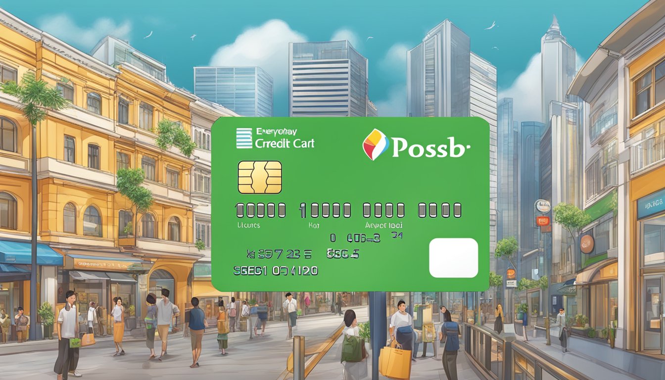 A scene of a POSB Everyday Credit Card with rewards and benefits displayed in a Singaporean setting
