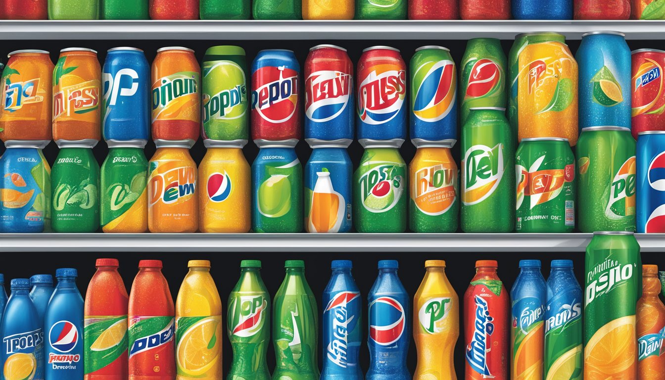 A variety of PepsiCo's beverage brands displayed on shelves, including Pepsi, Mountain Dew, Gatorade, and Tropicana. Bright, colorful packaging with recognizable logos