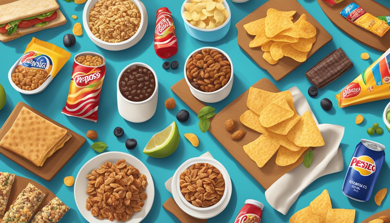 A table with a variety of snacks and foods from PepsiCo brands, including chips, sodas, and granola bars