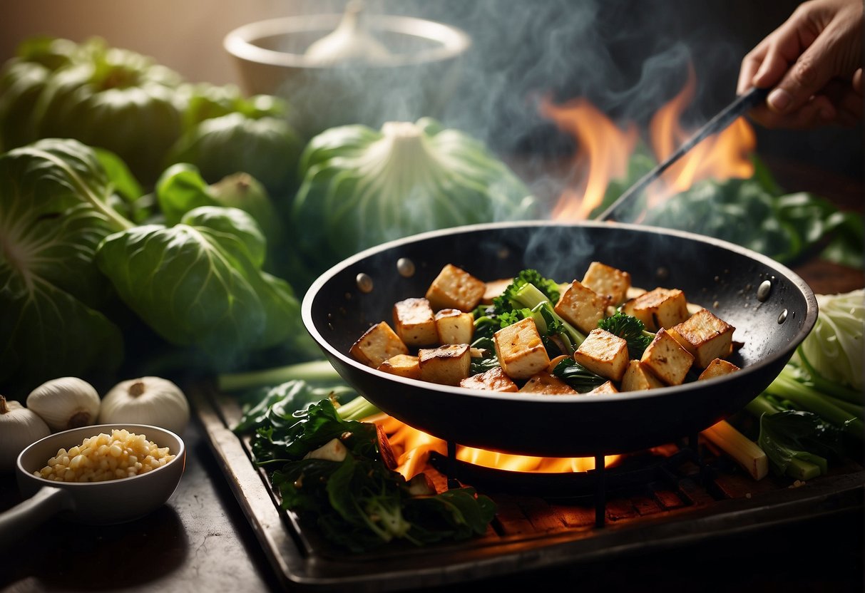 A wok sizzles with stir-fried tofu, bok choy, and shiitake mushrooms. Aromatic garlic and ginger fill the air