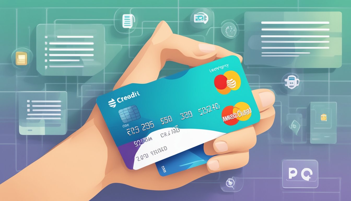 A hand holding a POSB Everyday Credit Card, with a background of various payment options and rewards