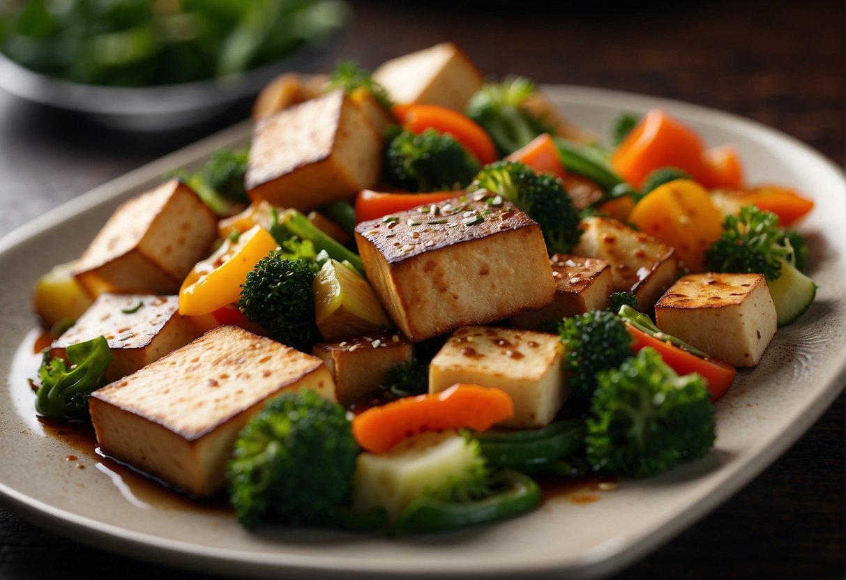 A colorful plate of stir-fried tofu and vegetables, steaming and fragrant, with vibrant colors and textures