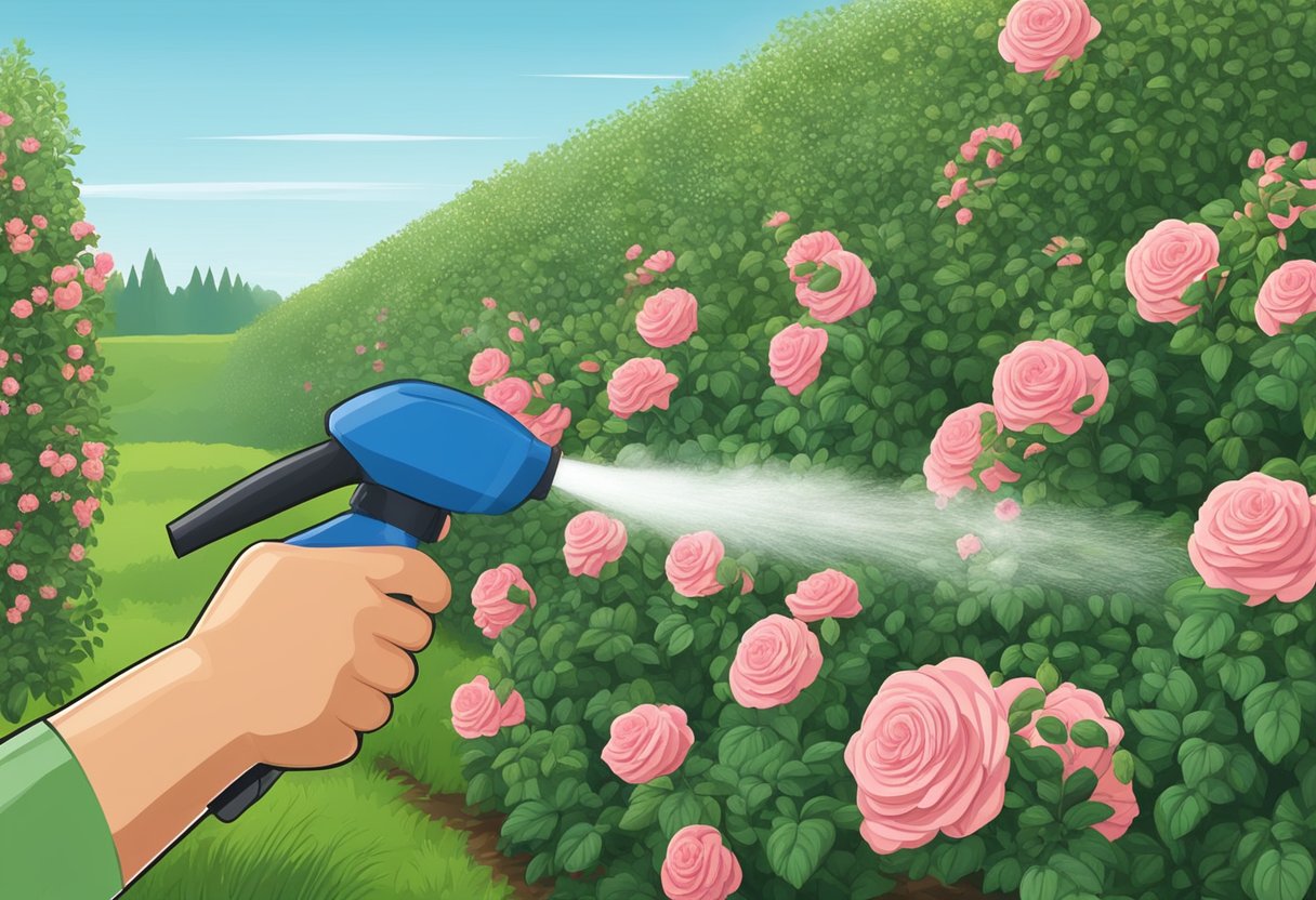Spraying fungicide on rose bushes with rosette disease