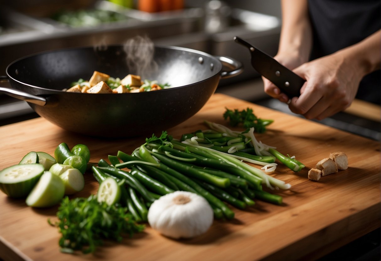 A wok sizzles with stir-fried tofu and fresh vegetables, while a chef's knife chops scallions and ginger on a bamboo cutting board