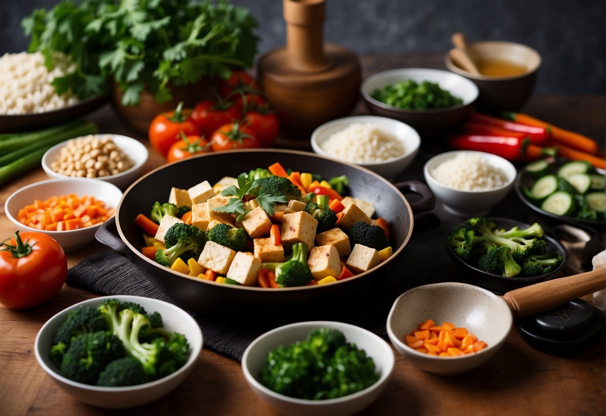 A table filled with colorful vegetables and tofu, surrounded by cooking utensils and a wok, ready to be prepared into popular Chinese tofu recipes
