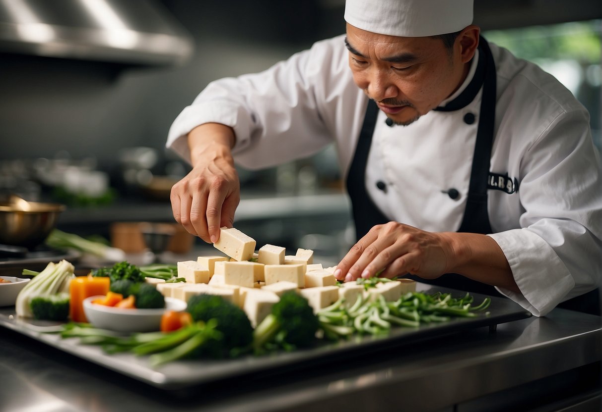 A chef carefully selects and prepares tofu and vegetables, adjusting traditional Chinese recipes to accommodate dietary restrictions